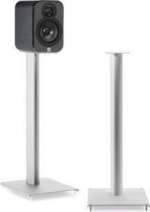 Q acoustics Q3000ST hvid højttalerfod, i metal, med to lodrette cylindriske søjler på en rektangulær base, set forfra