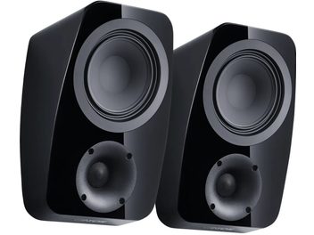 Para głośników Dolby Atmos Canton Vento AR 1 w czarnym lakierze, widok z przodu pod kątem trzech czwartych z widocznymi głośnikami