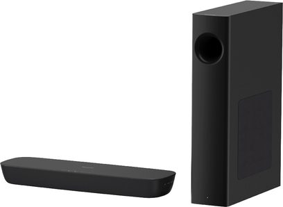 Sort Panasonic SC-HTB250EGK soundbar og matchende subwoofer, set forfra og i trekvartperspektiv