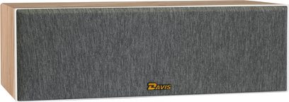 Coluna central Davis Acoustics Krypton C Nordik (branca), vista frontal, grelha em tecido cinza, logotipo amarelo na parte inferior, caixa retangular