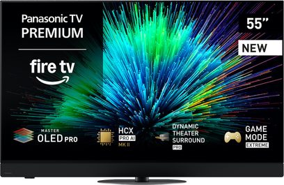 Panasonic TV-55Z90B high-definition television in black, with a slim metal and plastic frame, 55-inch flat OLED screen shown from the front on a central circular stand