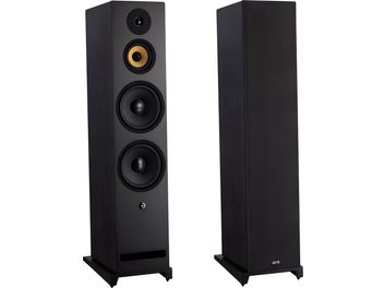 Gulvhøyttaler Davis Acoustics Krypton 10 Technik svart, sett forfra og i trekvart vinkel, 4 synlige høyttalerelementer, rektangulær sokkel
