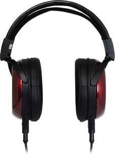 Fostex TH-919 over-ear hi-fi hoofdtelefoon zwart, met glanzende rode oorschelpen, vooraanzicht