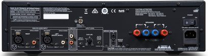 NAD C298 black amplifier, rear view, analog and digital audio connectors, switches and settings