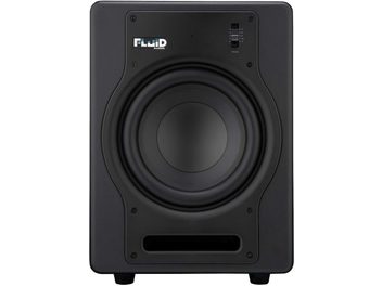Diffusore amplificato da monitor Fluid Audio F8S nero visto frontalmente, altoparlante circolare, tweeter, logo