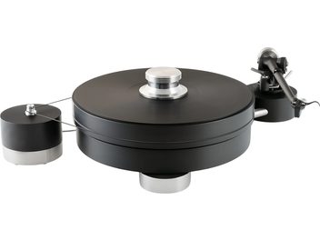 Transrotor Max Nero TRA Studio black hi-fi vinyl turntable in metal with a thick circular platter, silver aluminum finishes, external cylindrical motor connected by belt, and tubular tonearm on the right, three-quarter view