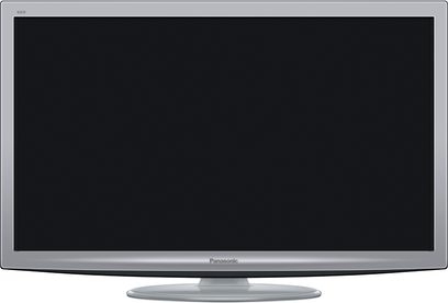 Panasonic TX-LF37G20S fladskærm, set forfra, slukket, lys gråt ramme, metalfod, på ensfarvet sort baggrund
