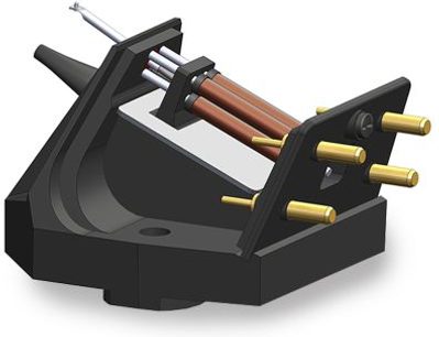 Rega Nd7 turntable cartridge, perspective view, black base, gold connectors, visible internal wires, angular structure