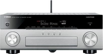 Yamaha RX-A860 titanium home theater amplifier, front panel with LCD screen, buttons, knobs, and headphone and HDMI ports
