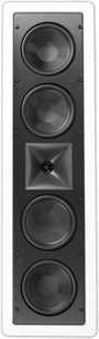 Klipsch KL-6504-THX indbygget højttaler, frontvisning, 4 runde sorte højttalere i en rektangulær metallisk grå kabinet