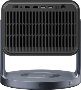 Hisense C2 Pro projector, rear view, black surface, vertical grills, 2 HDMI ports, 2 USB ports, audio, LAN, S/PDIF