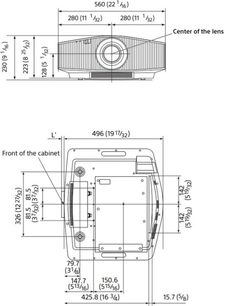 Teknisk diagram med dimensioner af en Sony VPL-VW870ES videoprojektor set forfra og ovenfra, i sort og hvid