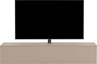 Mueble de audio y vídeo Spectral Core 40 beige, con frente liso sin tiradores y televisor sobre soporte central negro