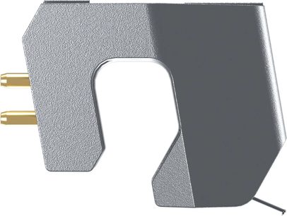 Ortofon MC VERISMO pladespiller pickup, venstre sidevisning, 2 forgyldte stik, grå tekstureret overflade