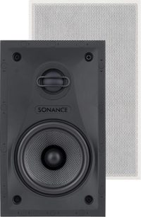 Zapuštěný reproduktor Sonance VP46 v tmavě šedé barvě, obdélníková přední strana s perforovaným krytem a centrálním výškovým reproduktorem