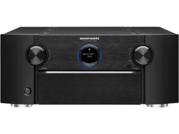 Marantz AV8805A sort home-cinema forforstærker, børstet aluminiumsfront, sølvfarvede knapper, blåt display, set forfra