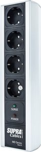 Listwa przeciwprzepięciowa Supra Cables MD Series Mark III z 4 gniazdami Schuko, pionowa żeberkowana obudowa aluminiowa, kontrolki Surge i Power