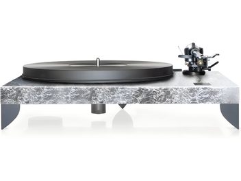 Gold Note Valore 425 Plus Silberfolie Plattenspieler mit B-5 Tonarm Draufsicht, schwarzer Plattenteller, Tonarm