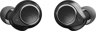Two black Cambridge Audio Melomania M100 in-ear headphones, viewed from the front, with silicone ear tips and chrome rings