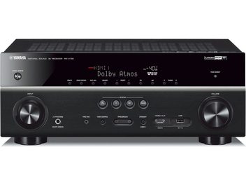 Yamaha RX-V781 sort hjemmebiografsforstærker, frontvisning, HDMI Dolby Atmos-display, frontknapper og -stik, to drejeknapper