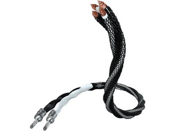 Černý opletený kabel se zlacenými banánkovými konektory, na jednom konci rozdělený na dva, na bílém pozadí