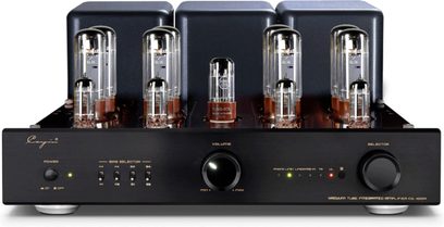 Cayin CS-100A EL34 siyah fırçalanmış metal tüp stereo entegre amplifikatör, ön görünüm, sol tarafta güç düğmesi ve göstergeler bulunan siyah ön panel, ortada büyük ses kontrol düğmesi, sağda seçici, üst kısmında hizalı beş adet cam tüp ve arkada siyah dikdörtgen transformatör kapakları