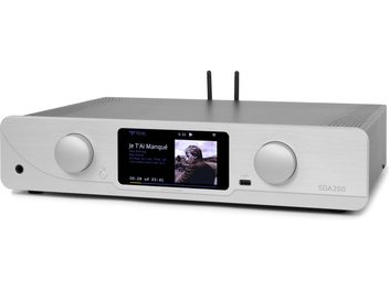 Atoll SDA200 Signature silver stereo hi-fi amplifier, brushed aluminum chassis, knobs, LCD screen, WiFi antennas