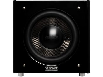 Velodyne SPL-X 15 fekete, magasfényű mélyláda, elölnézet, kör alakú karbon hangszóróval és fémlábakkal