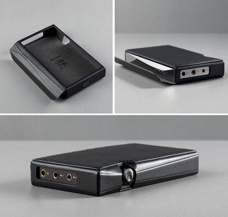 Sort læderetui til Astell&Kern SP3000 digital audio-afspiller, set forfra, fra siden og bagfra, lukket og åben