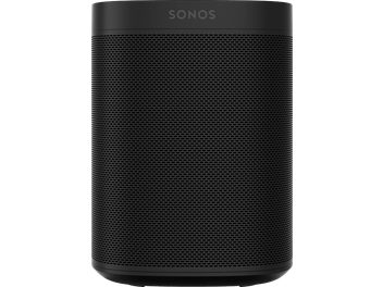 Trådløs, tilsluttet Sonos One (Gen 2) højttaler i mat sort, cylindrisk form med sort gitterbeklædning over hele overfladen, "SONOS"-logo øverst