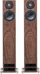 Kabelloser, verbundener Lautsprecher PMC Active twenty5.23i, Frontansicht, Holzfinish, 2 kreisförmige Lautsprecher, 2 rechteckige Bassreflexöffnungen