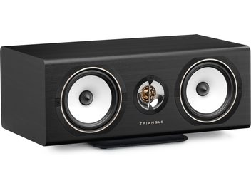 Triangle Solstice C3 black center speaker, front view, with two white speakers and metallic central tweeter
