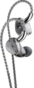 Auriculares intrauditivos FiiO FA19 transparentes ahumados, carcasas de resina translúcida que dejan ver la mecánica interna, cara exterior con diseño geométrico en blanco y negro, almohadillas de silicona negras, cable trenzado plateado, vista oblicua