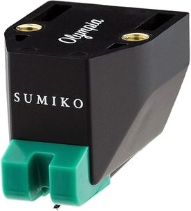 Sort Sumiko Olympia vinylpladecelle, set forfra og fra siden, rektangulært kabinet med logo, grøn nål