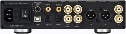 Nuprime DAC-10H sort digital-til-analog-konverter, bagside, digitale og analoge lydtilslutninger, RCA- og XLR-stik