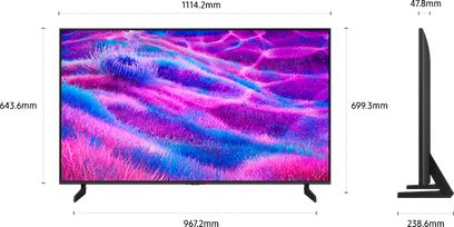 Sort, mat fladskærms-tv i plast med slank ramme, to omvendte V-formede fødder synlige forfra og ekstra tyndt design fremhævet fra højre sideprofil