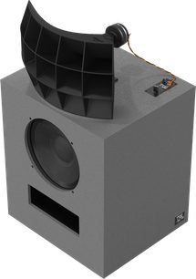 Klipsch kO-R2 reolhøjttaler i tekstureret grå med stort sort horn, frontvendt højttaler og rektangulær basport