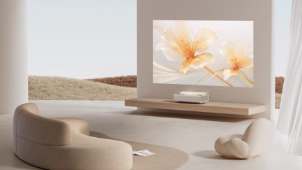 Modernus salonas su kreminės spalvos lenkta sofa, derančiu foteliu, projektoriumi ant lentynos, dideliu geltonų gėlių paveikslu ant sienos