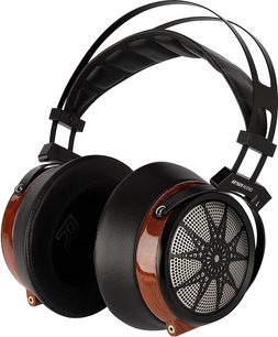 Åbent hi-fi hovedsæt Sendy Audio Apollo, sort og træ, runde gittrede ørepuder, polstret hovedbøjle, set fra tre kvarter vinkel