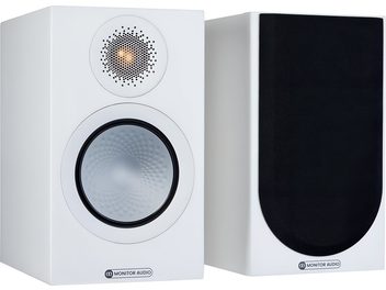 Monitor Audio Silver 50 7G saten beyaz raf tipi hoparlörler, ön ve arka yüzey, sağdan 3/4 önden görünüm