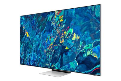 Samsung QE65QN95B 2022 fladskærms-TV med abstrakt billede i klare blå og turkis grønne farver
