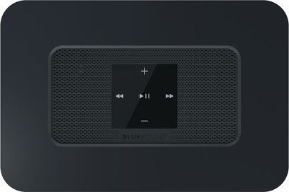 BlueSound Node 2 sort netværksaudioafspiller, frontvisning, sort gitter, LCD-skærm, kontrolknapper, BlueSound-logo