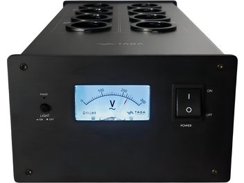 Conditioner de rețea Taga Harmony PC-5000 (2025) negru, din metal periat, cu voltmetru iluminat, opt prize deasupra, întrerupător