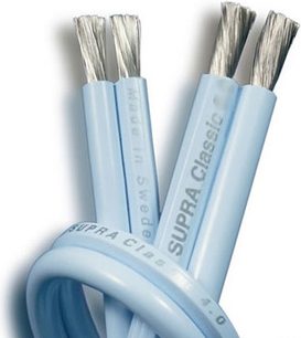 Cables Supra Classic 4 de color azul claro, con funda transparente que deja ver los hilos conductores trenzados, con extremos desnudos