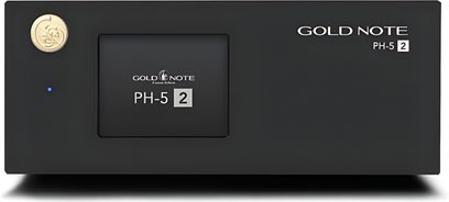 Phono-Vorverstärker Gold Note PH-5.2 in Schwarz, minimalistische Front mit mittigem Display, goldfarbenem Medaillon und blauer LED
