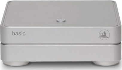 Phono предусилвател ClearAudio Basic V2 сребрист, изглед отпред, правоъгълен сив метален корпус, лого в долния десен ъгъл