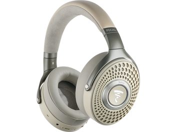 Cuffie audio wireless Focal Bathys dune, vista laterale sinistra, colori beige e grigio, padiglioni rotondi perforati, archetto imbottito