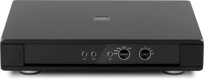 Rega Aura MC black phono preamp, front view, 2 rotary knobs and 3 switches on the front, rear connectivity