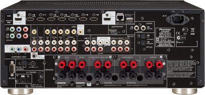 Pioneer SC-2023-K sort hjemmebiografsforstærker, bagside, tæt centreret udsigt, mange lyd/video-stik