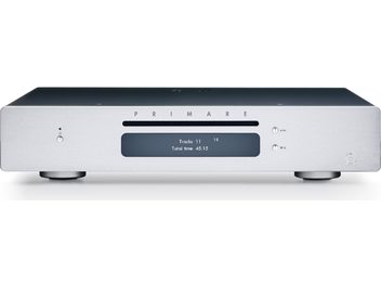CD плейър Primare DD15 сребрист, изглед отпред, син цифров дисплей в центъра, 2 въртящи се бутона и 3 бутона за натискане